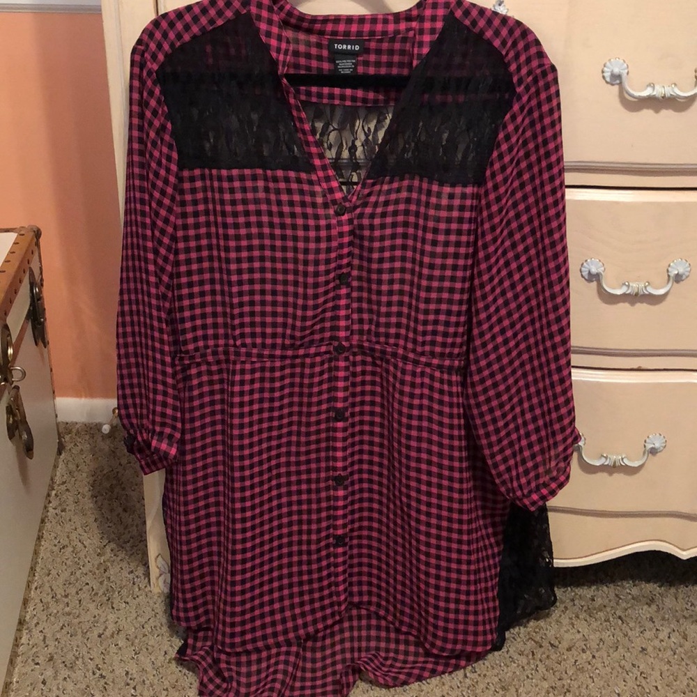 Torrid Pink Plaid Chiffon Lace Blouse